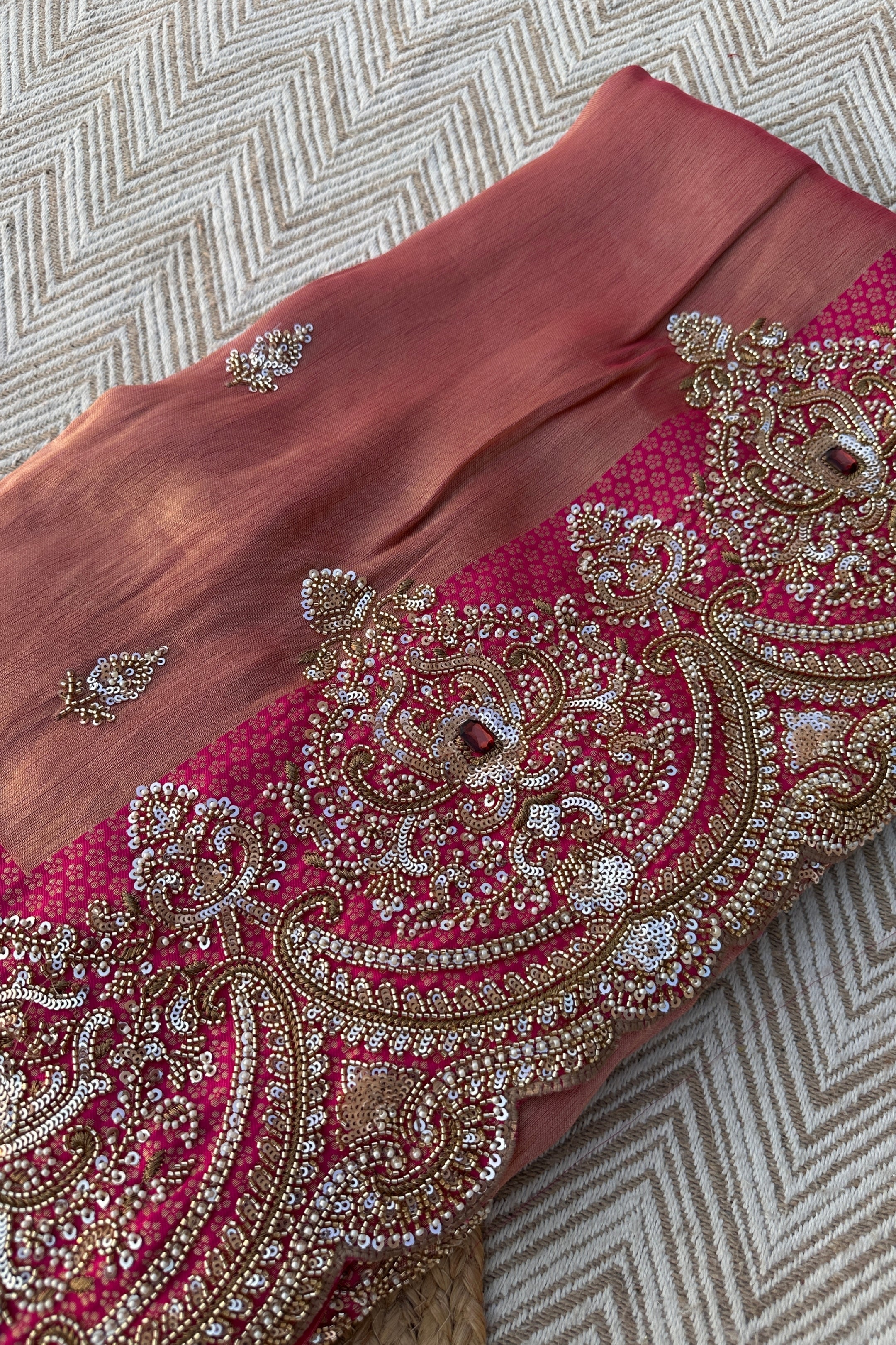 Fuchsia Brocade Saree Embellished With Cutdana, Sequins & Moti work