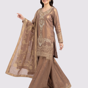 Chiku Tissue Suit with Zari, Pearl and Jarkan Embroidery 1