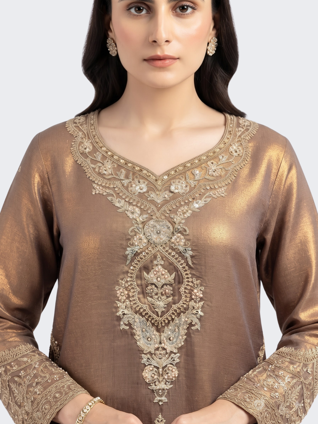 Chiku Tissue Suit with Zari, Pearl and Jarkan Embroidery 3