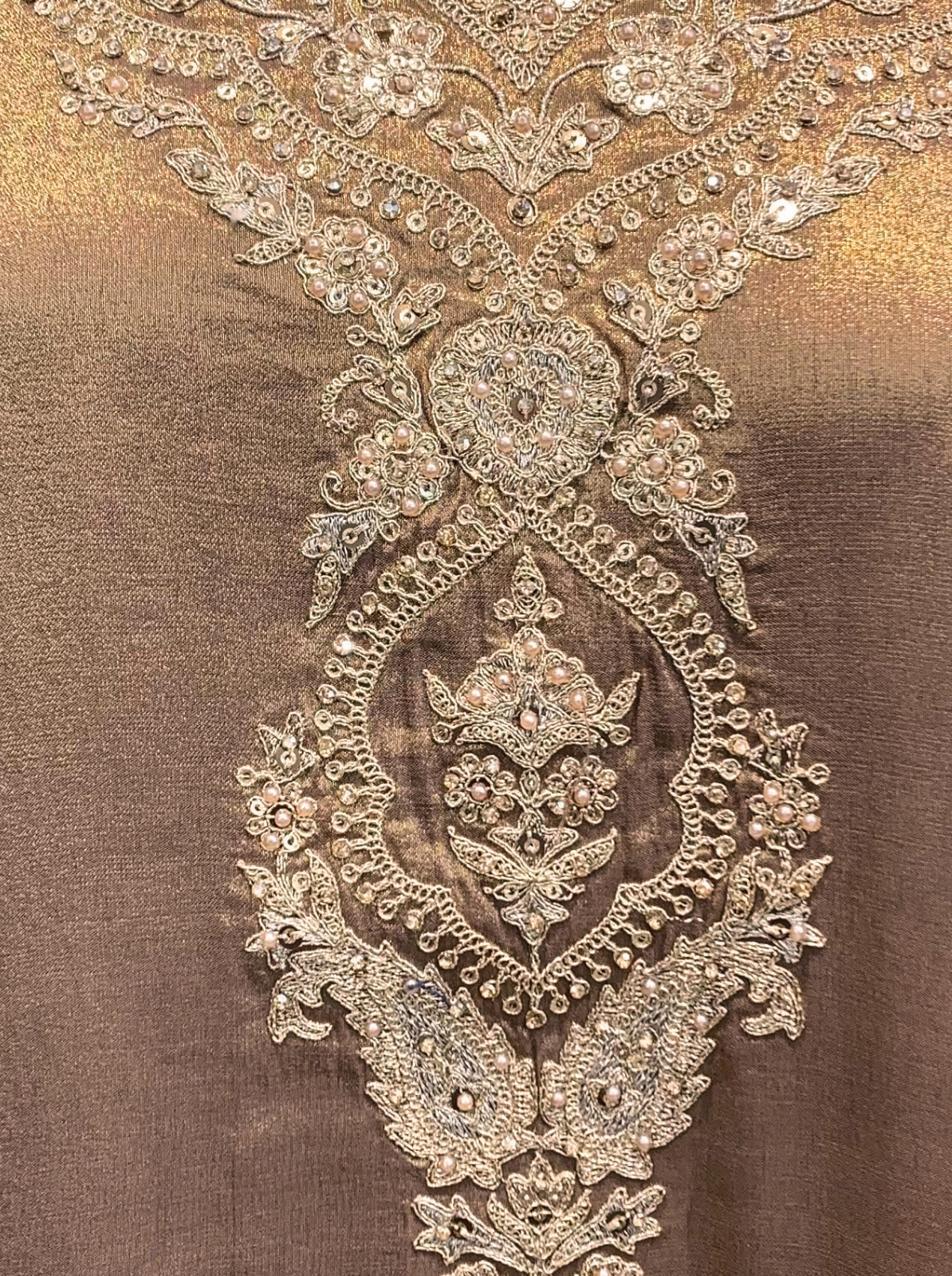 Chiku Tissue Suit with Zari, Pearl and Jarkan Embroidery 4