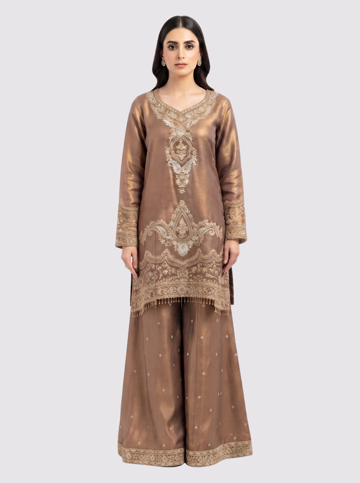 Chiku Tissue Suit with Zari, Pearl and Jarkan Embroidery 2
