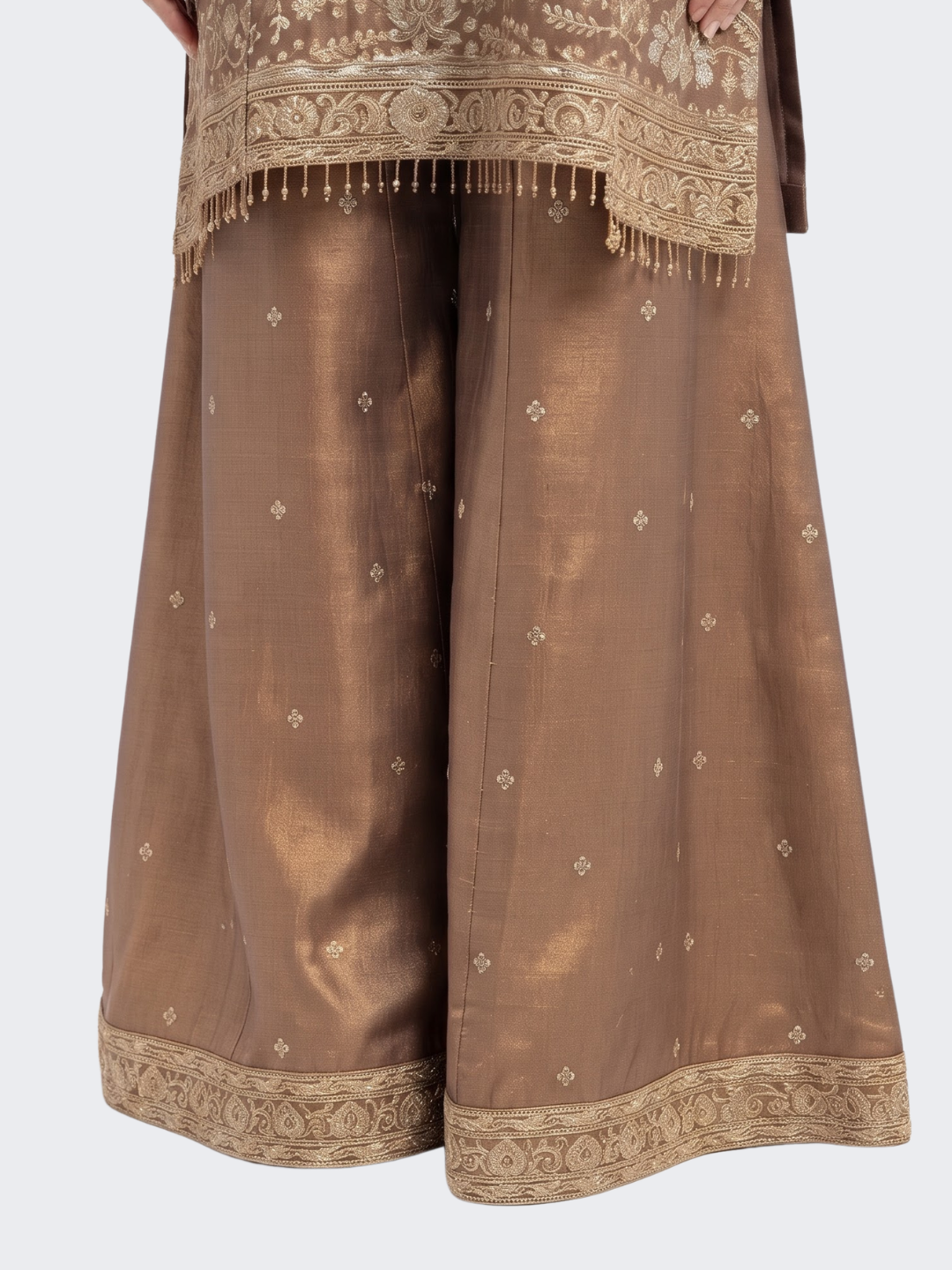Chiku Tissue Suit with Zari, Pearl and Jarkan Embroidery 5