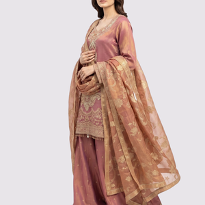 Mauve Tissue Suit with Zari, Pearl and Jarkan Embroidery 1