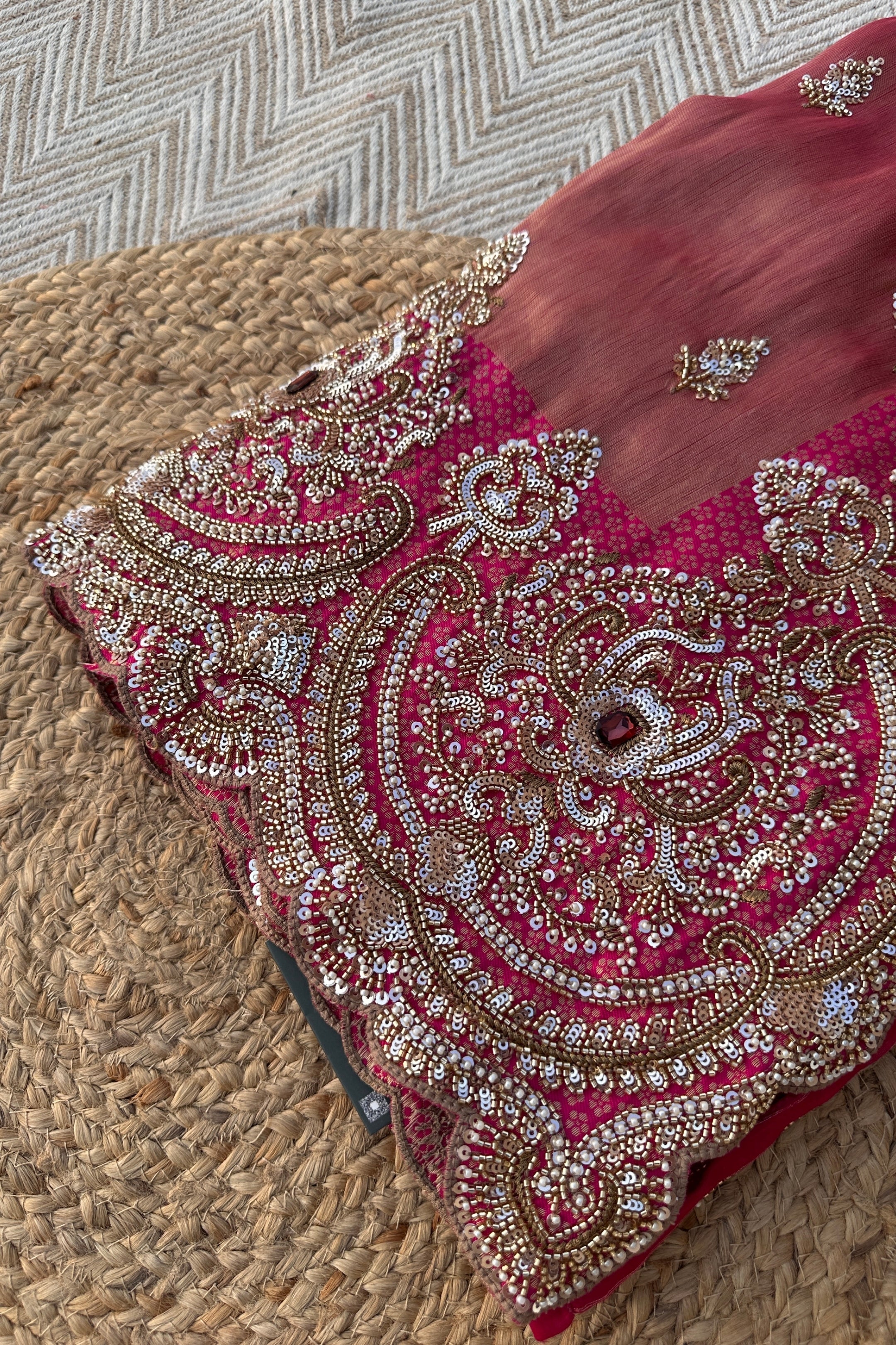 Fuchsia Brocade Saree Embellished With Cutdana, Sequins & Moti work