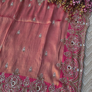 Fuchsia Brocade Saree Embellished With Cutdana, Sequins & Moti work