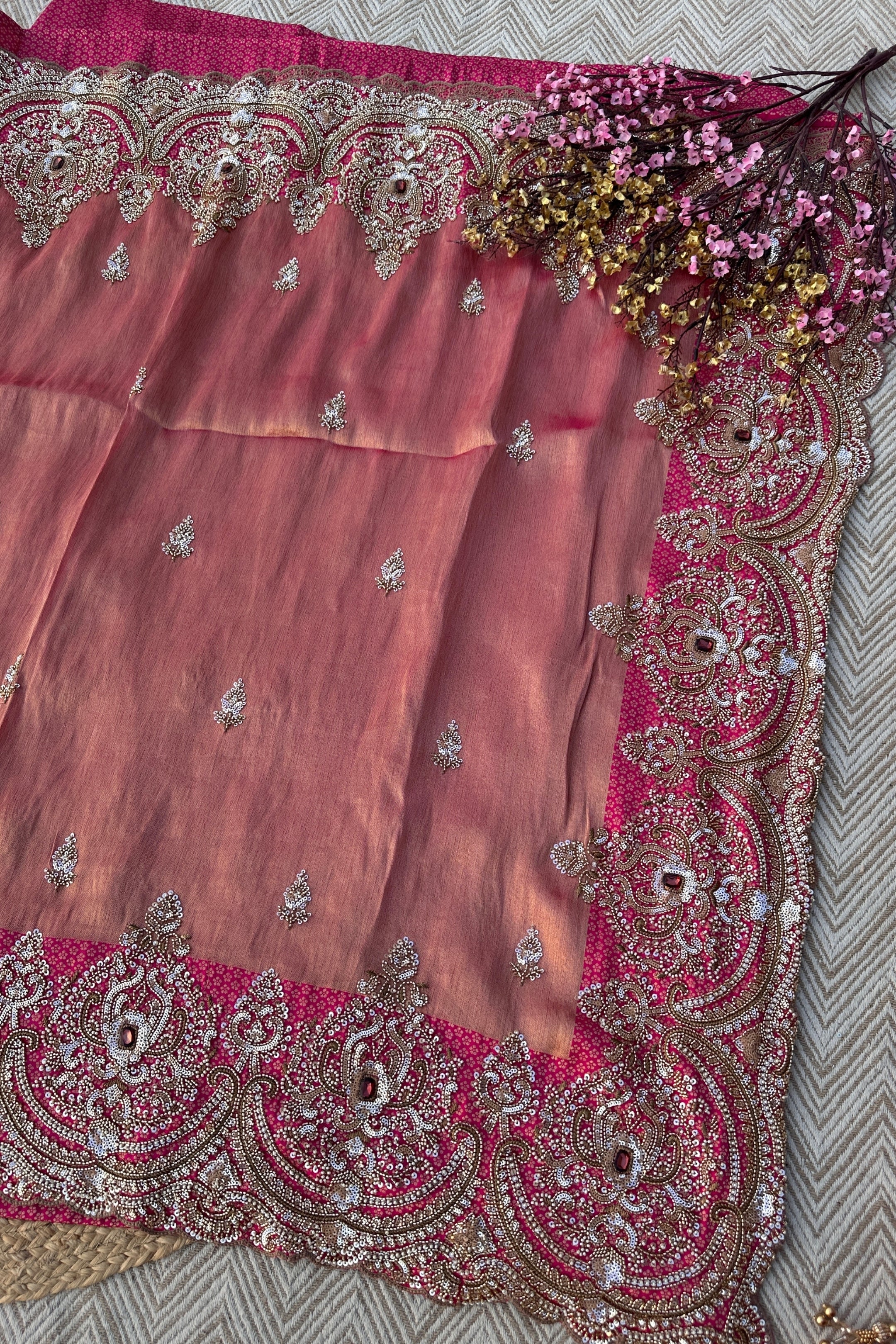 Fuchsia Brocade Saree Embellished With Cutdana, Sequins & Moti work