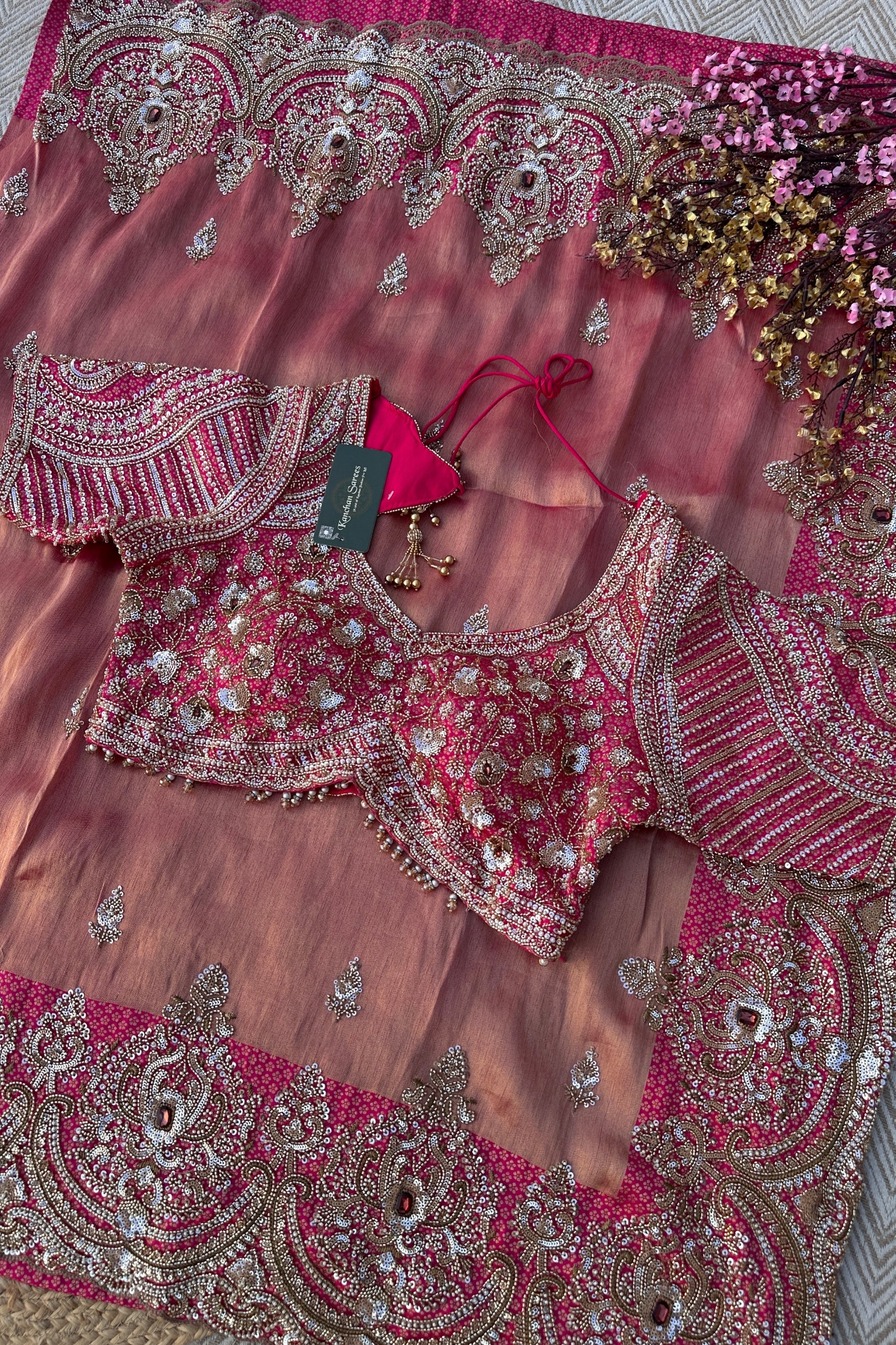 Fuchsia Brocade Saree Embellished With Cutdana, Sequins & Moti work