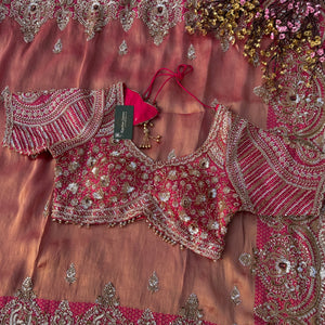 Fuchsia Brocade Saree Embellished With Cutdana, Sequins & Moti work