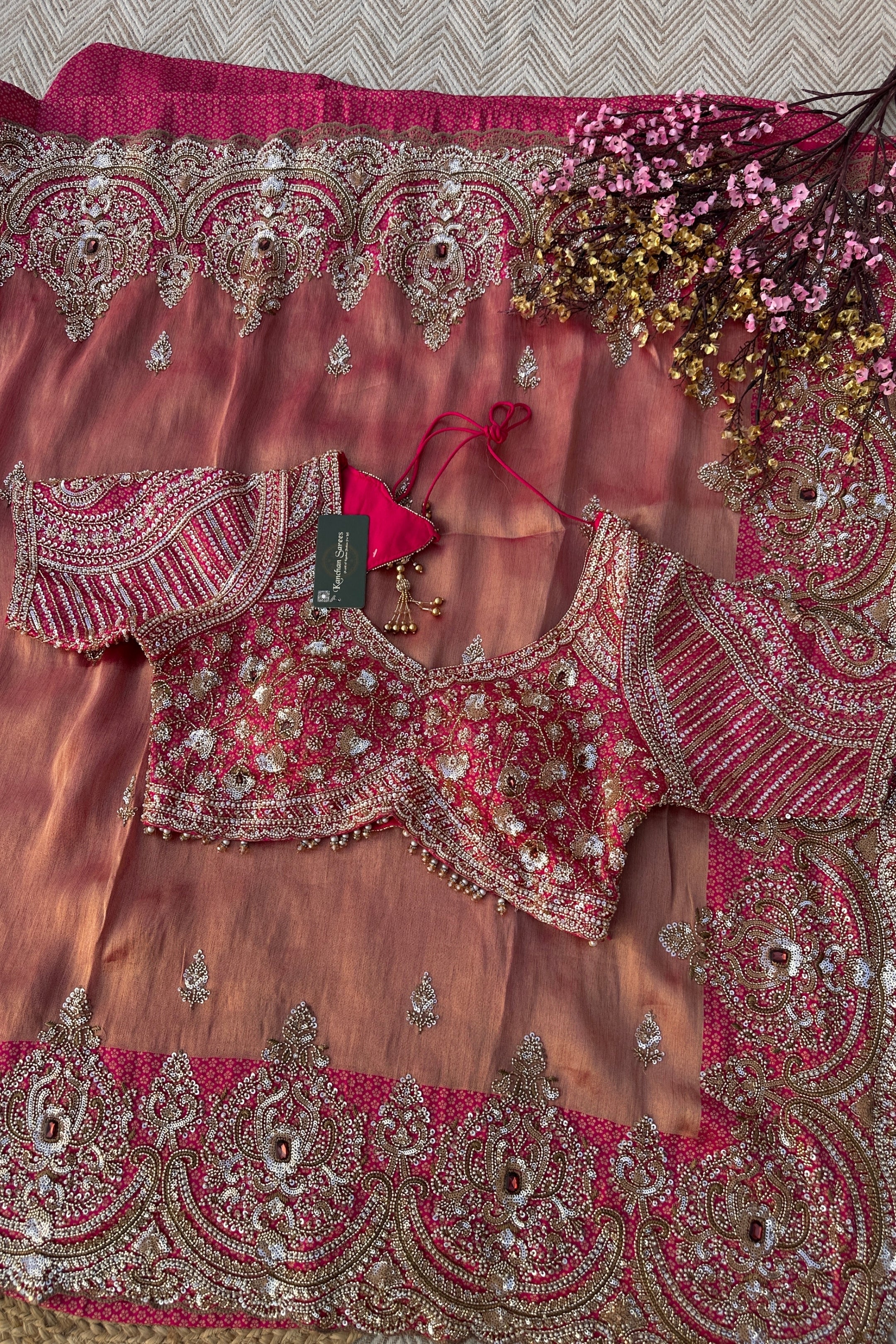 Fuchsia Brocade Saree Embellished With Cutdana, Sequins & Moti work