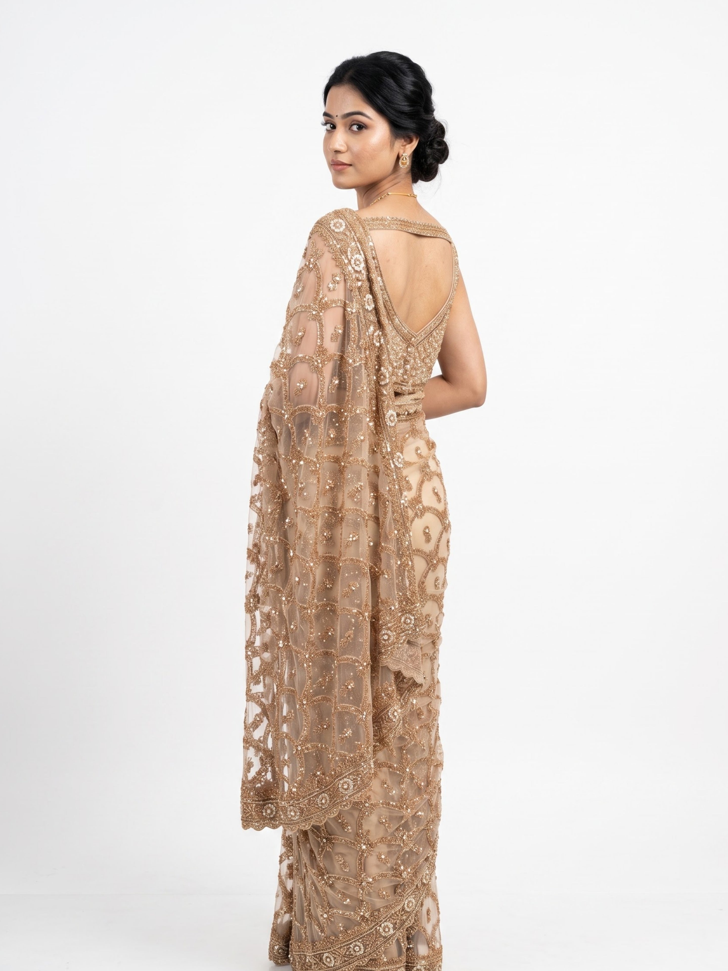 Net Saree Embellished With Cutdana, Sequins & Pearl Work