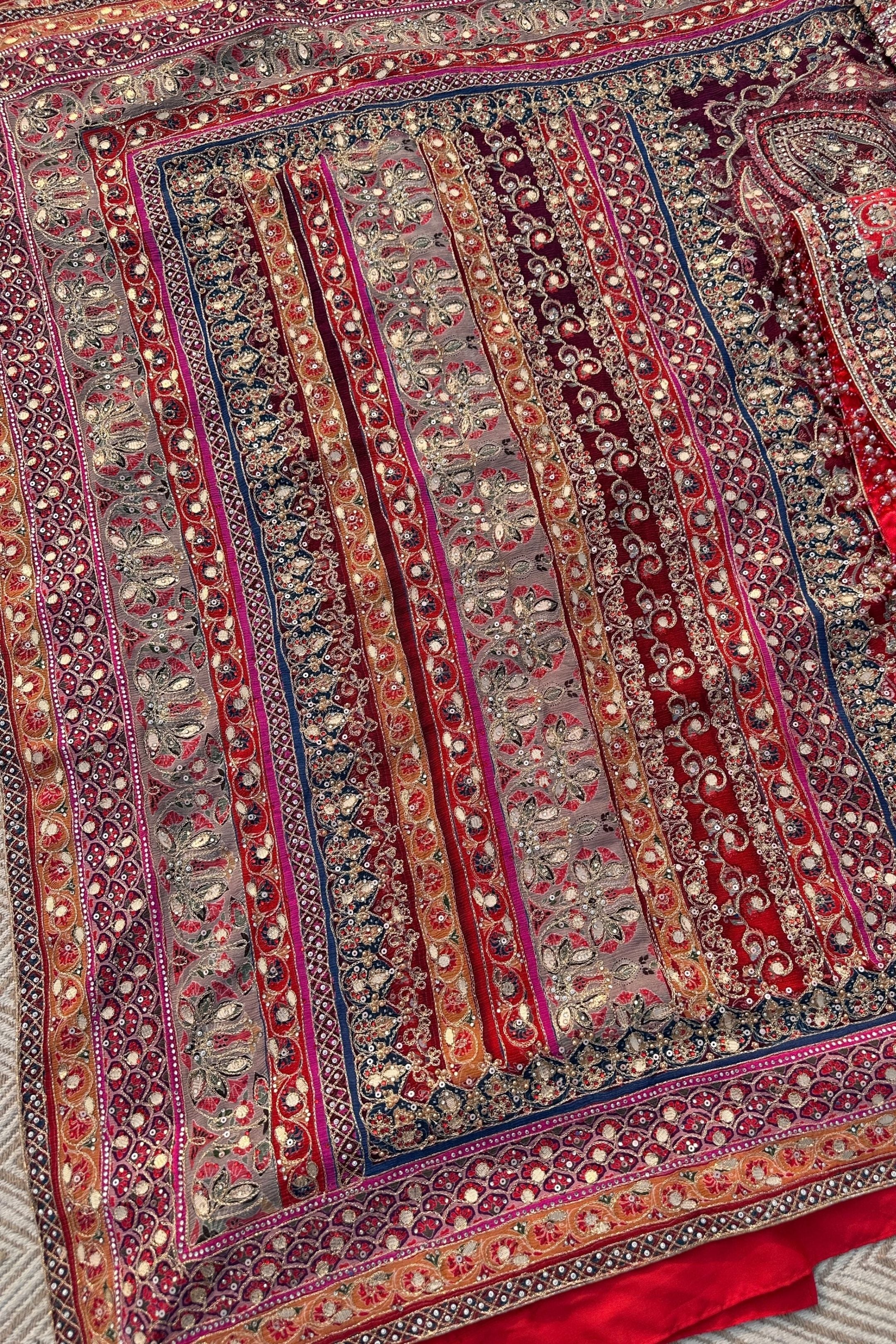 Maroon Chinon Saree Embellished With Zari, Swarovski & Chandla Work