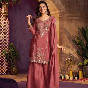 Rose Pink Chinon Suit, Sharara And Dupatta with Zari, Cutdana, Sequins and Mirror Work