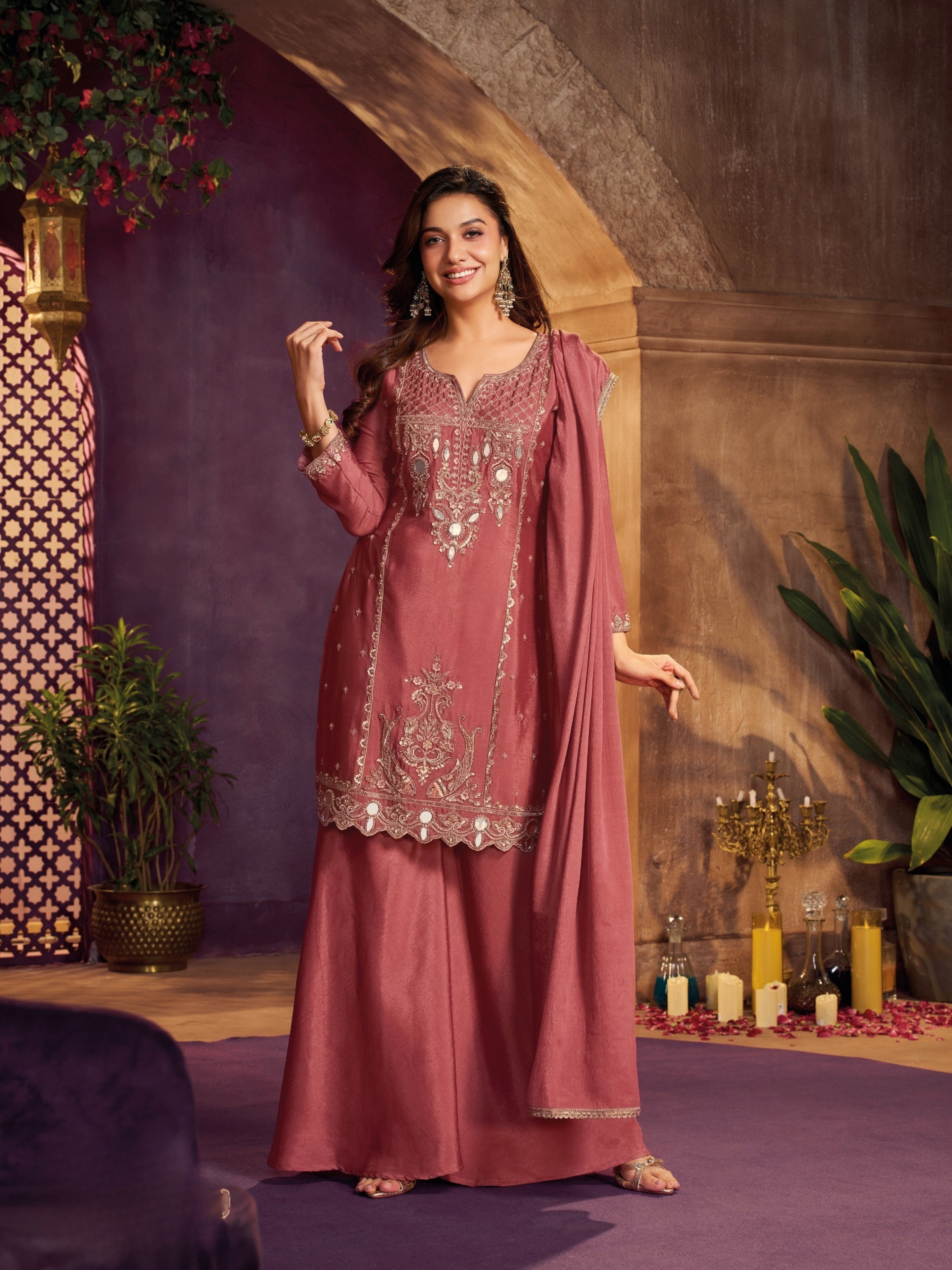 Rose Pink Chinon Suit, Sharara And Dupatta with Zari, Cutdana, Sequins and Mirror Work