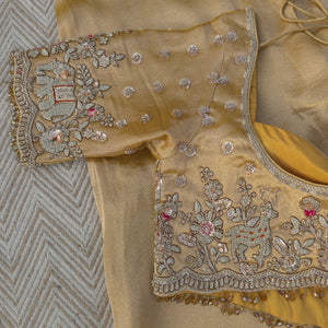 Golden Tissue Saree Embellished With Moti, Zari, Sequins & Cut Dana Work
