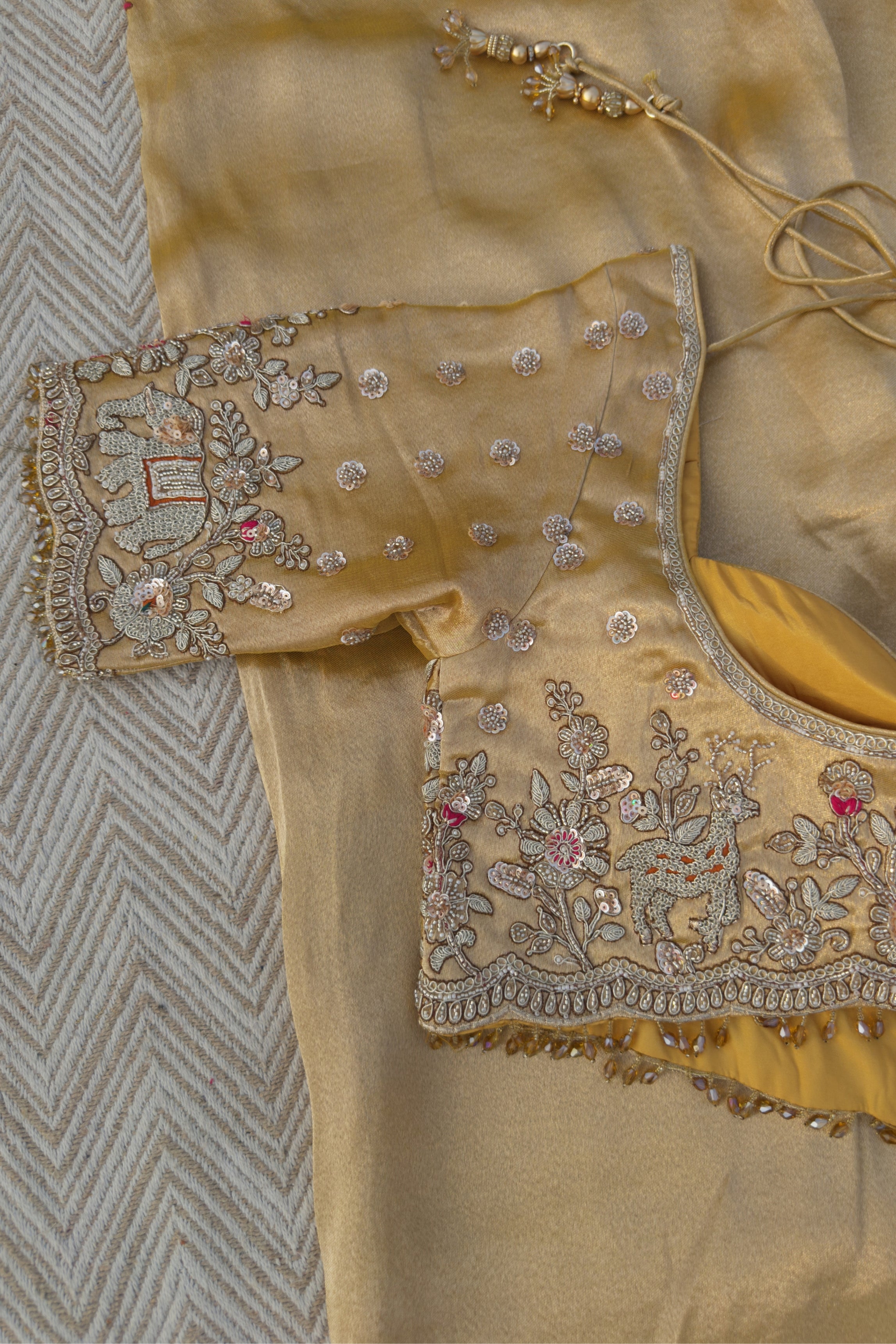 Golden Tissue Saree Embellished With Moti, Zari, Sequins & Cut Dana Work