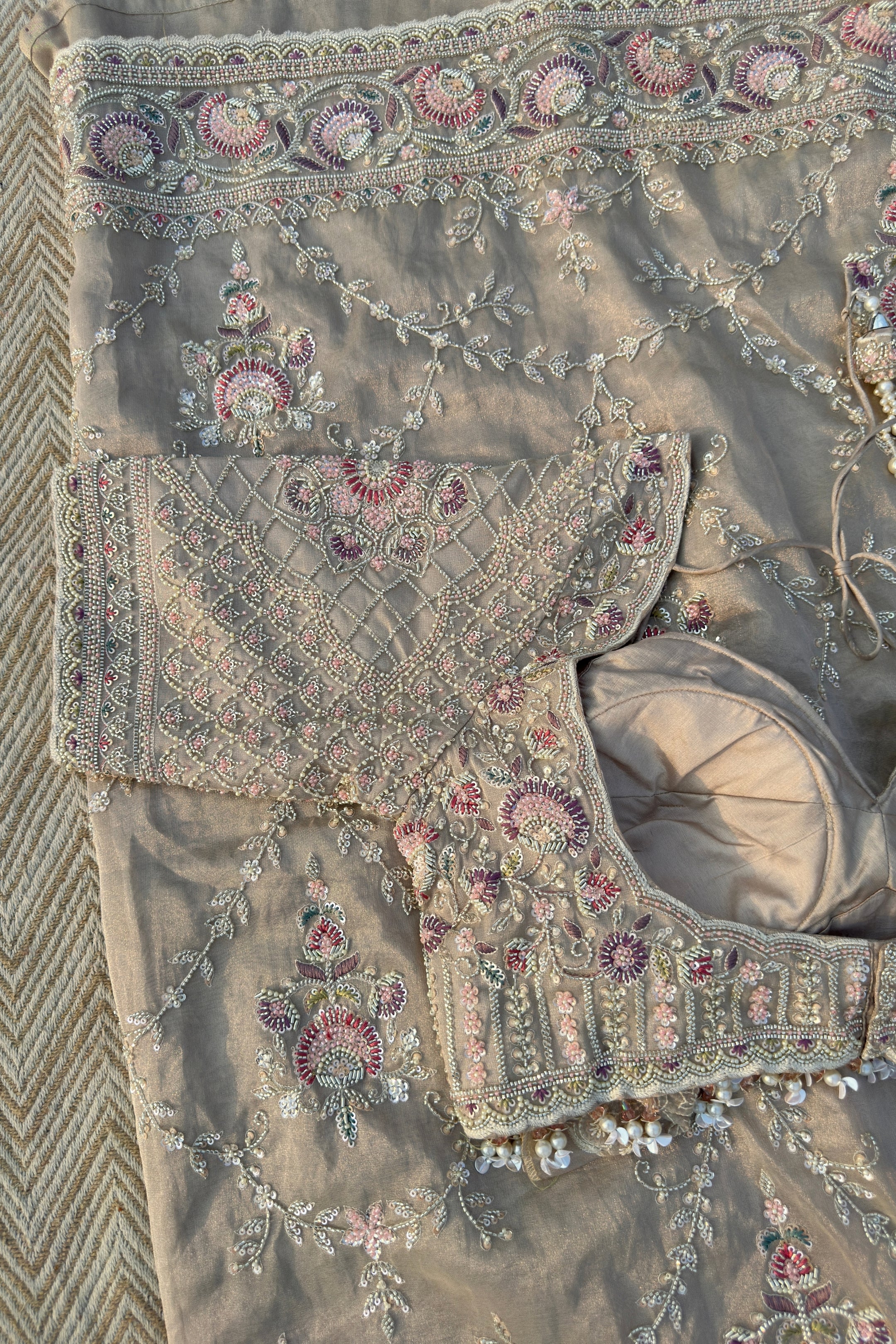 Tussar Tissue Saree Embellished With Sequins & Cut Dana Work