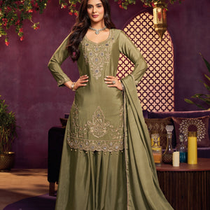 Olive Chinon Suit Embellished With Cutdana, Sequins & Mirror Work