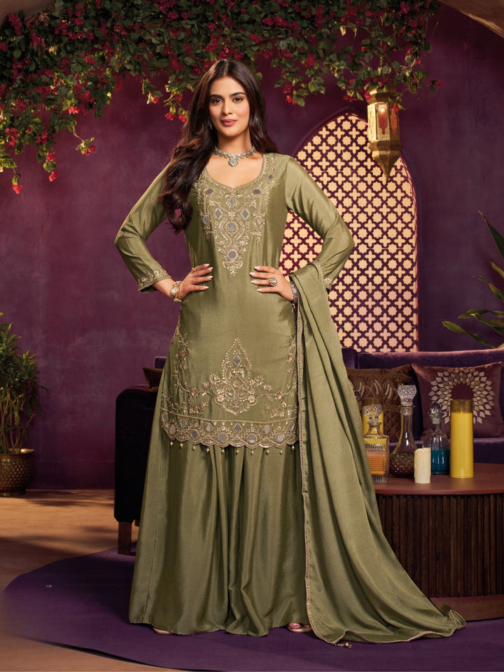 Olive Chinon Suit Embellished With Cutdana, Sequins & Mirror Work
