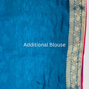 Blue Banarasi Silk Saree with Stitched Pink Blouse and Weaving Work