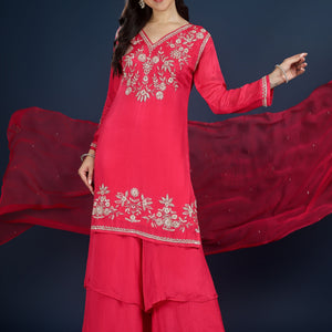 Red Chinon Palazzo Suit Set with Cutdana and Sequins Embroidery
