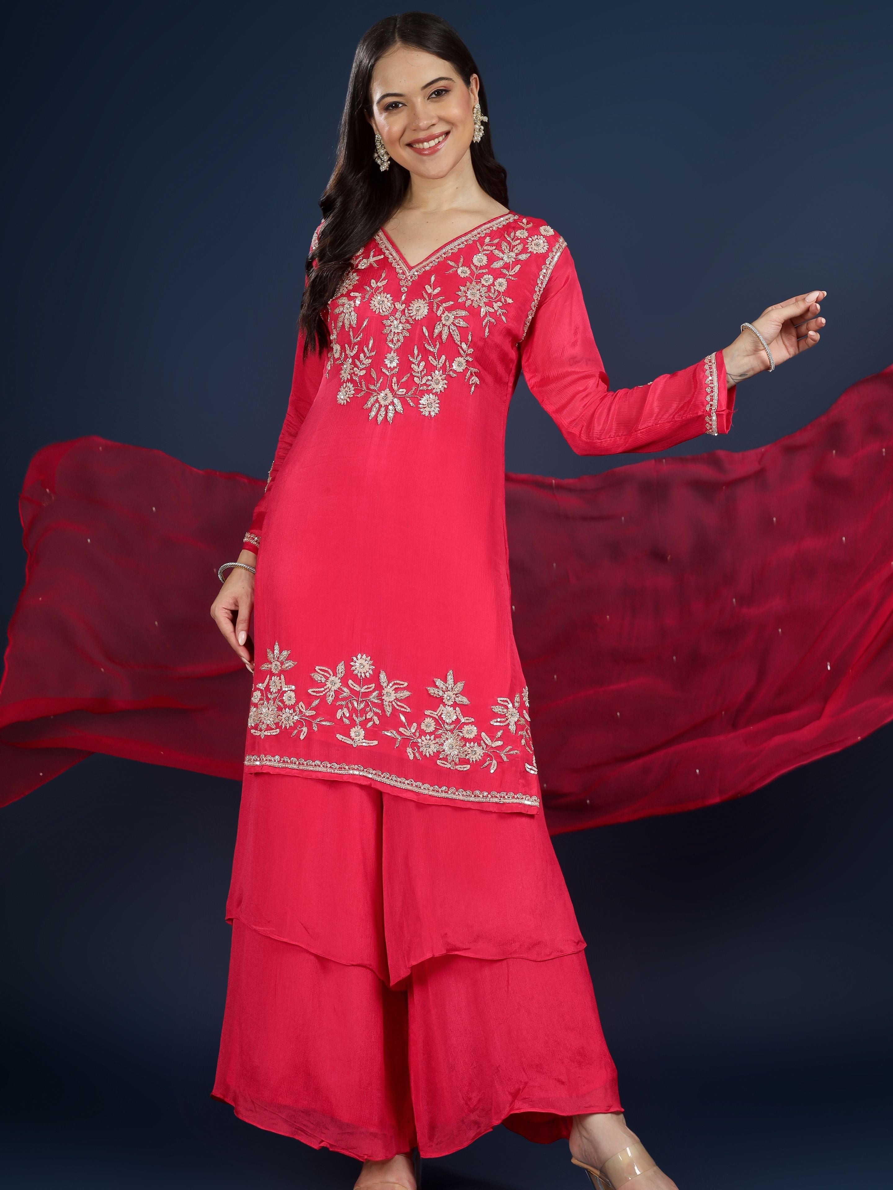 Red Chinon Palazzo Suit Set with Cutdana and Sequins Embroidery