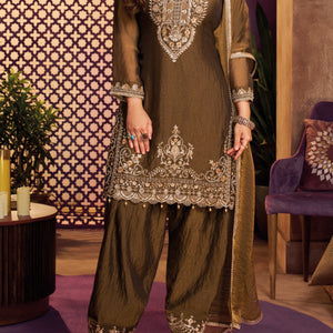 Coffee Tissue Suit, Farshi Salwar And Dupatta with Cutdana, Sequins and Zari Work