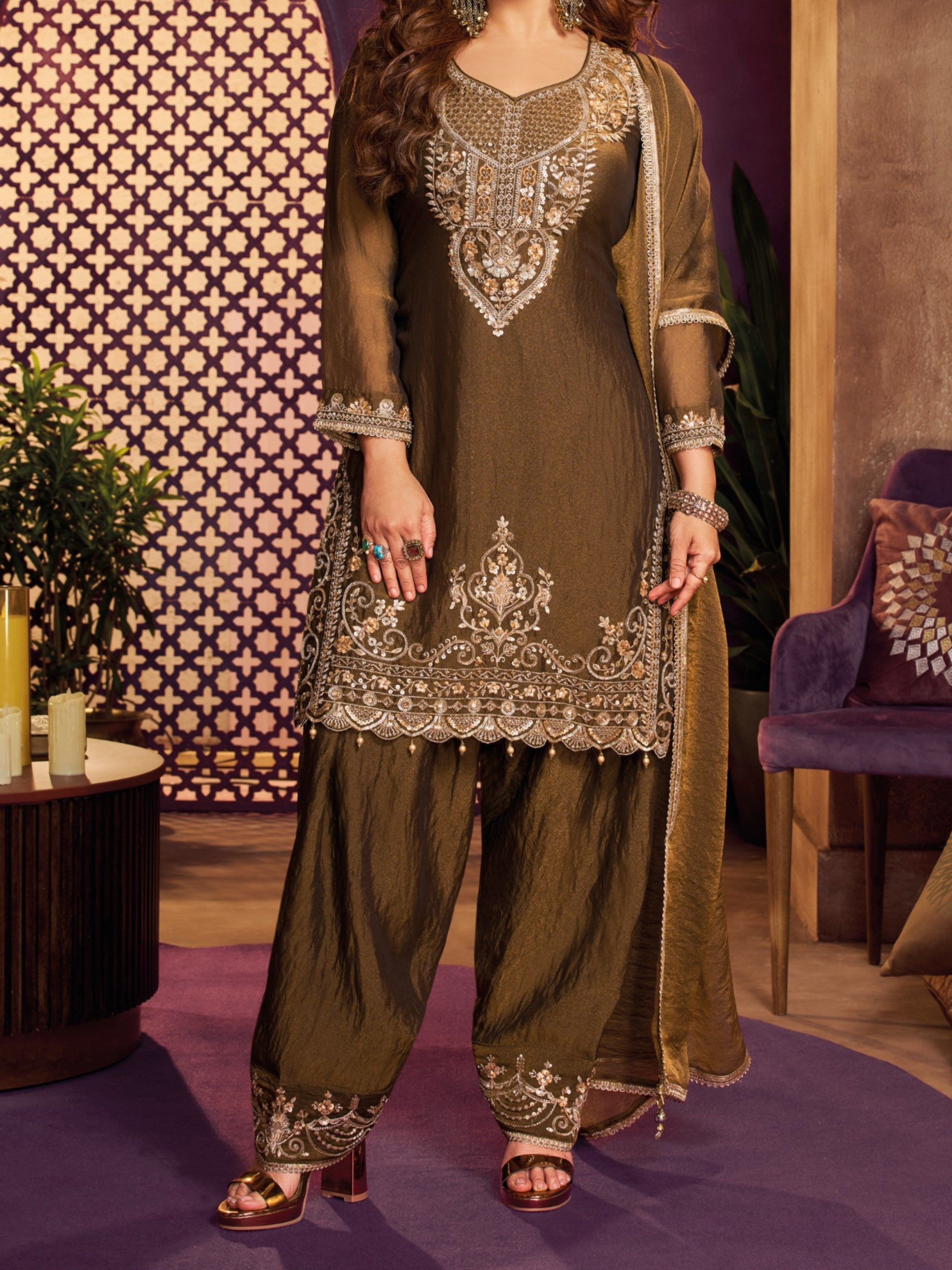 Coffee Tissue Suit, Farshi Salwar And Dupatta with Cutdana, Sequins and Zari Work