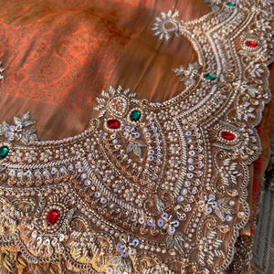 Rust Tissue Unstitched Saree Embellished With Moti, Sequins, Dabka & Cutdana