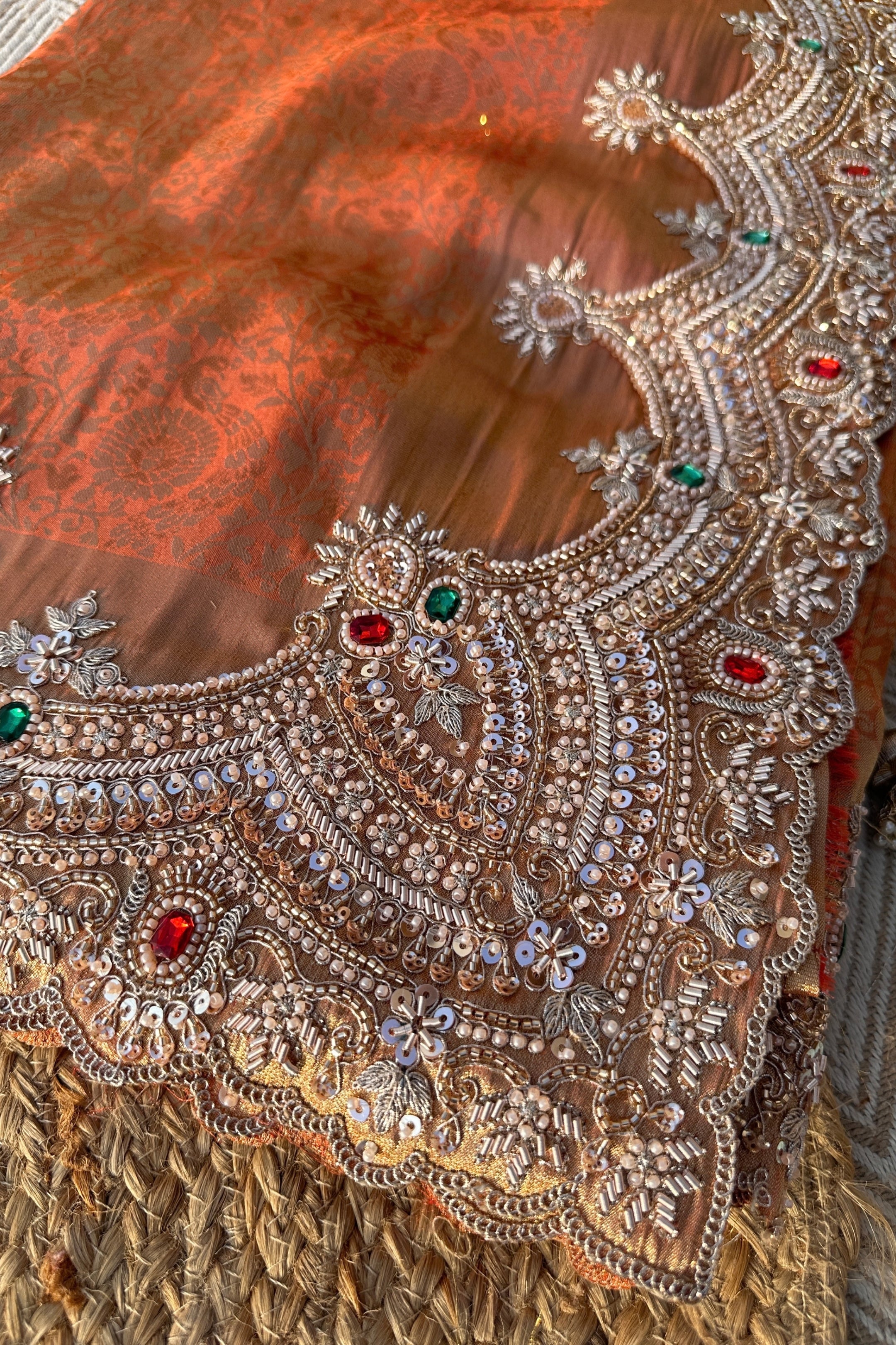 Rust Tissue Unstitched Saree Embellished With Moti, Sequins, Dabka & Cutdana