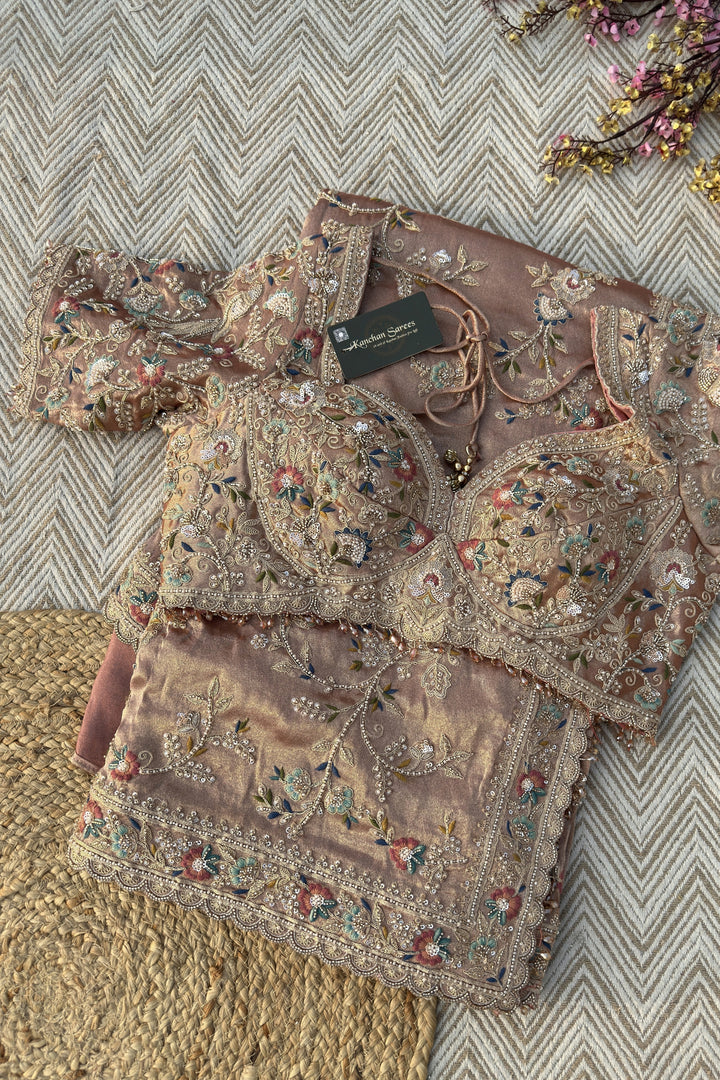 Pink Tissue Saree Embellished With Moti, Thread, Sequins & Cut Dana Work