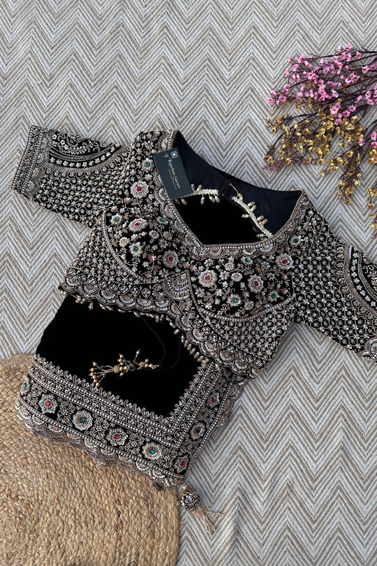 Black Velvet Saree Embellished With Cutdana, Sequins, Stone & Moti work