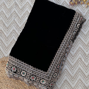 Black Velvet Saree Embellished With Cutdana, Sequins, Stone & Moti work
