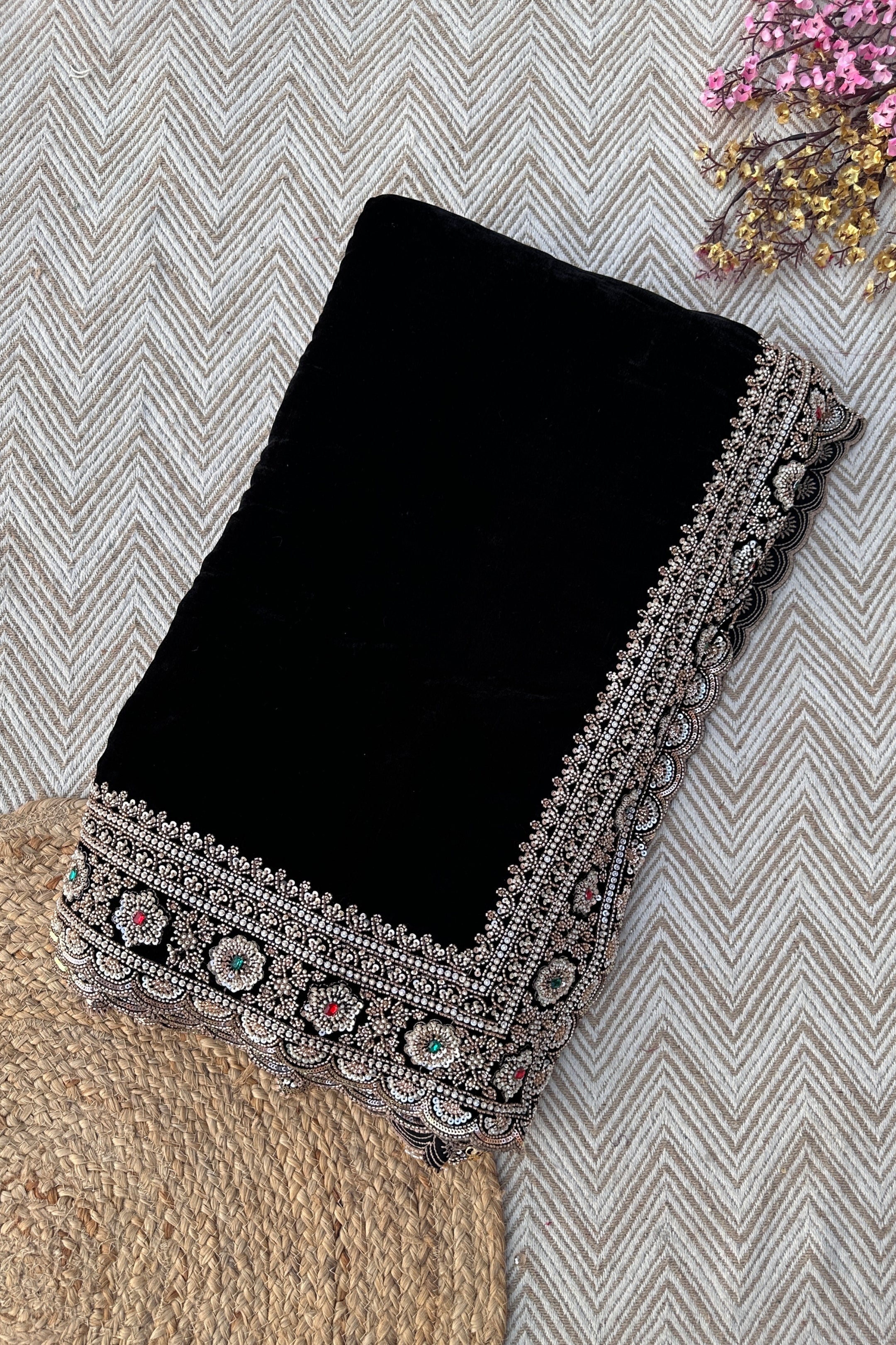 Black Velvet Saree Embellished With Cutdana, Sequins, Stone & Moti work