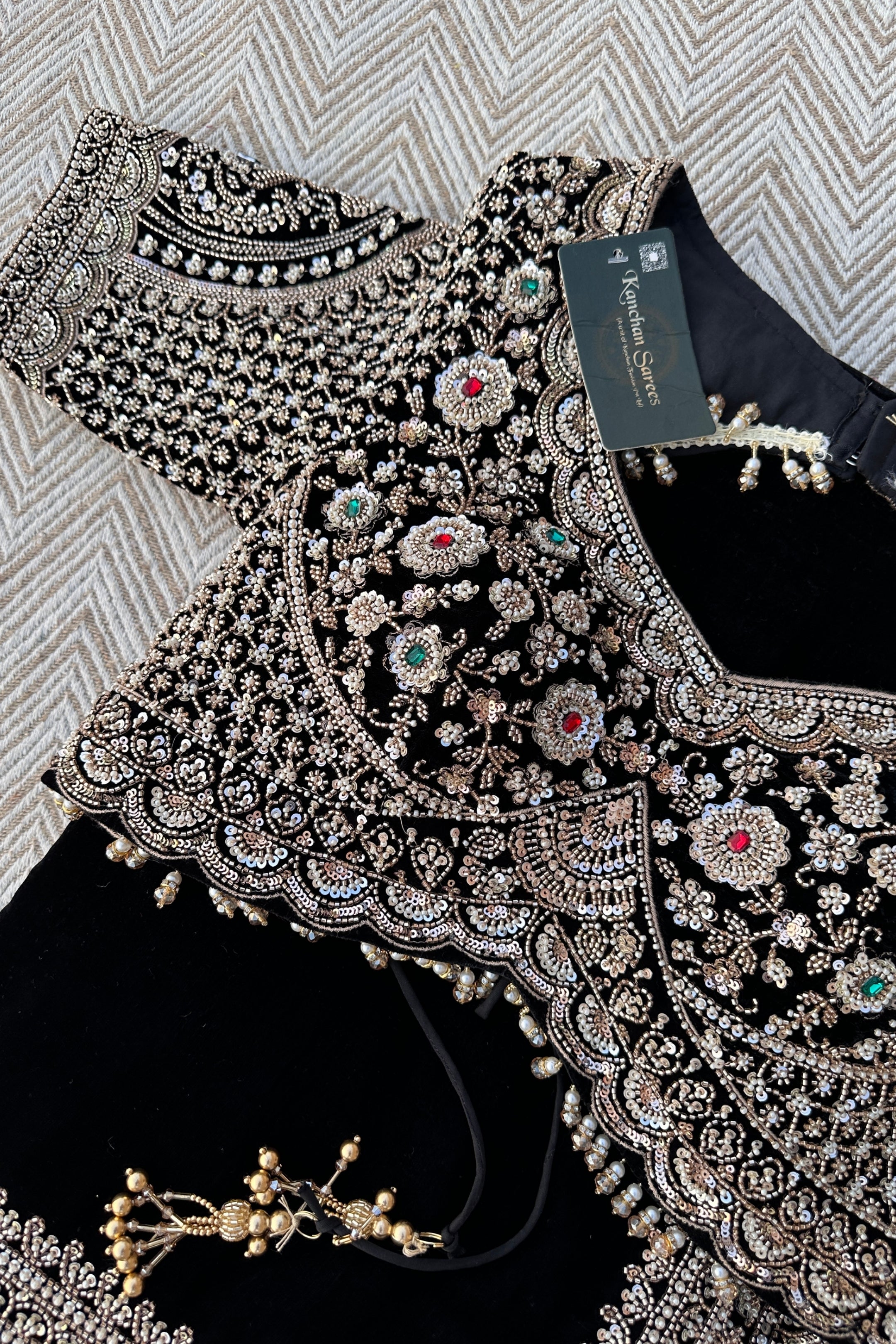 Black Velvet Saree Embellished With Cutdana, Sequins, Stone & Moti work