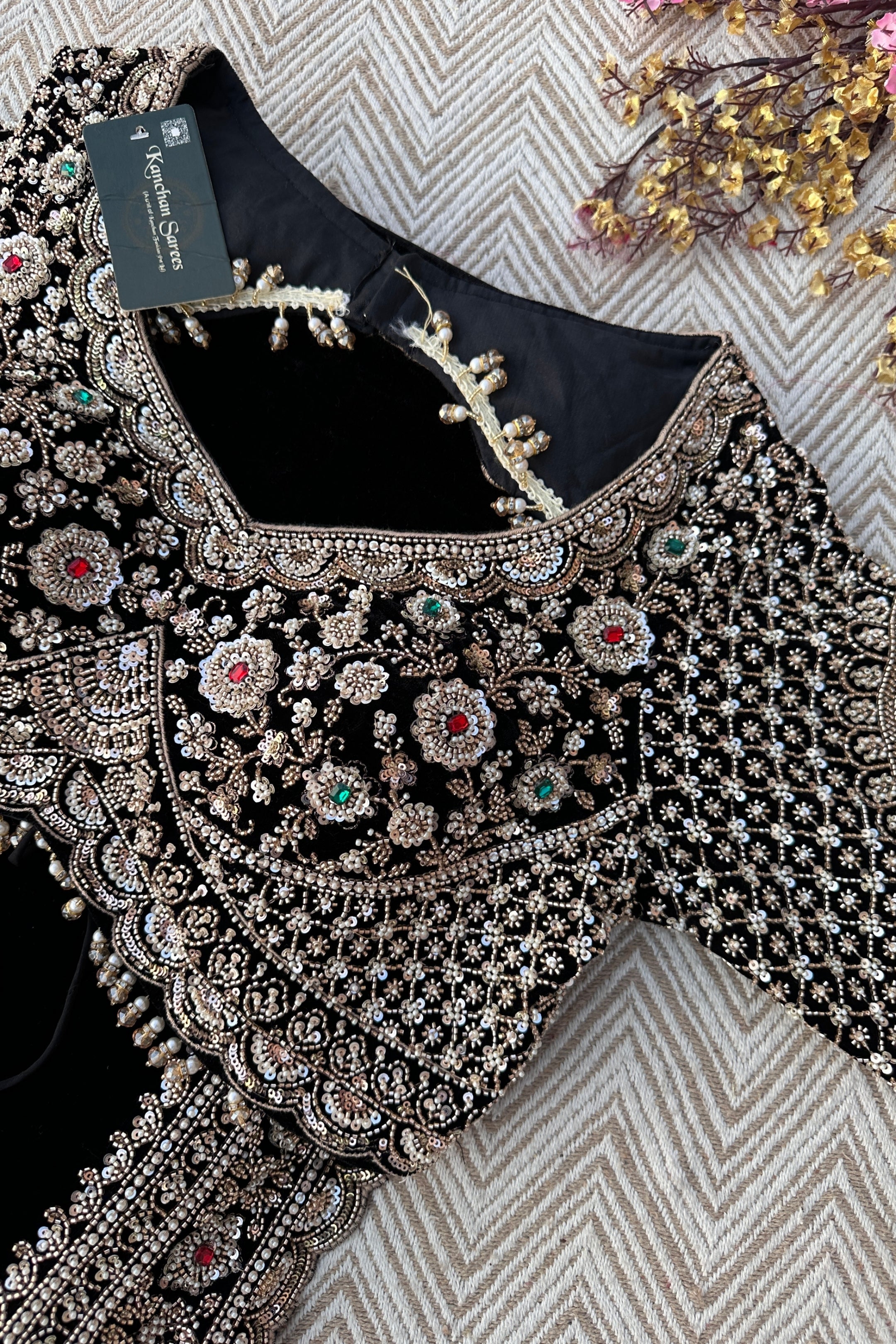 Black Velvet Saree Embellished With Cutdana, Sequins, Stone & Moti work