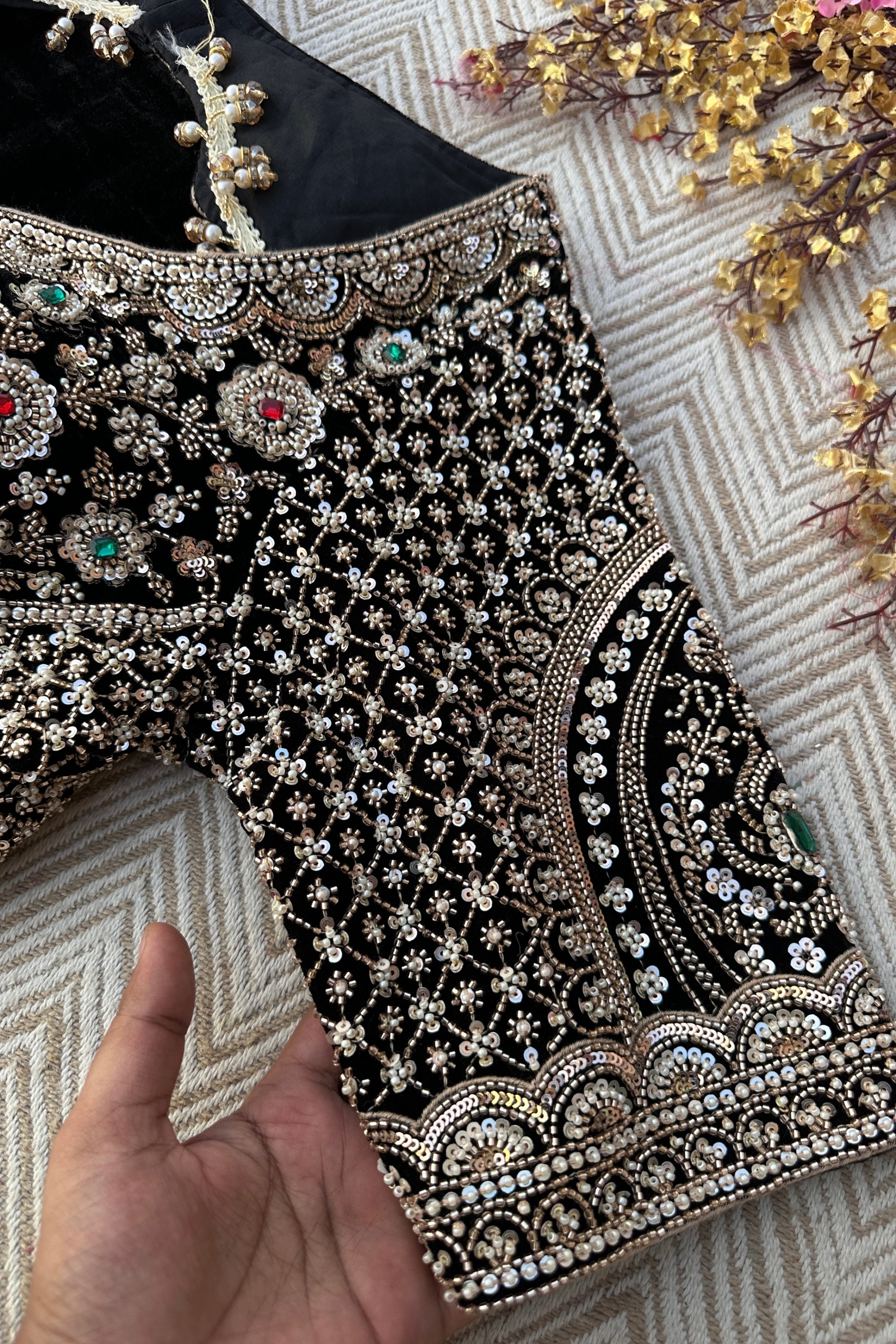 Black Velvet Saree Embellished With Cutdana, Sequins, Stone & Moti work
