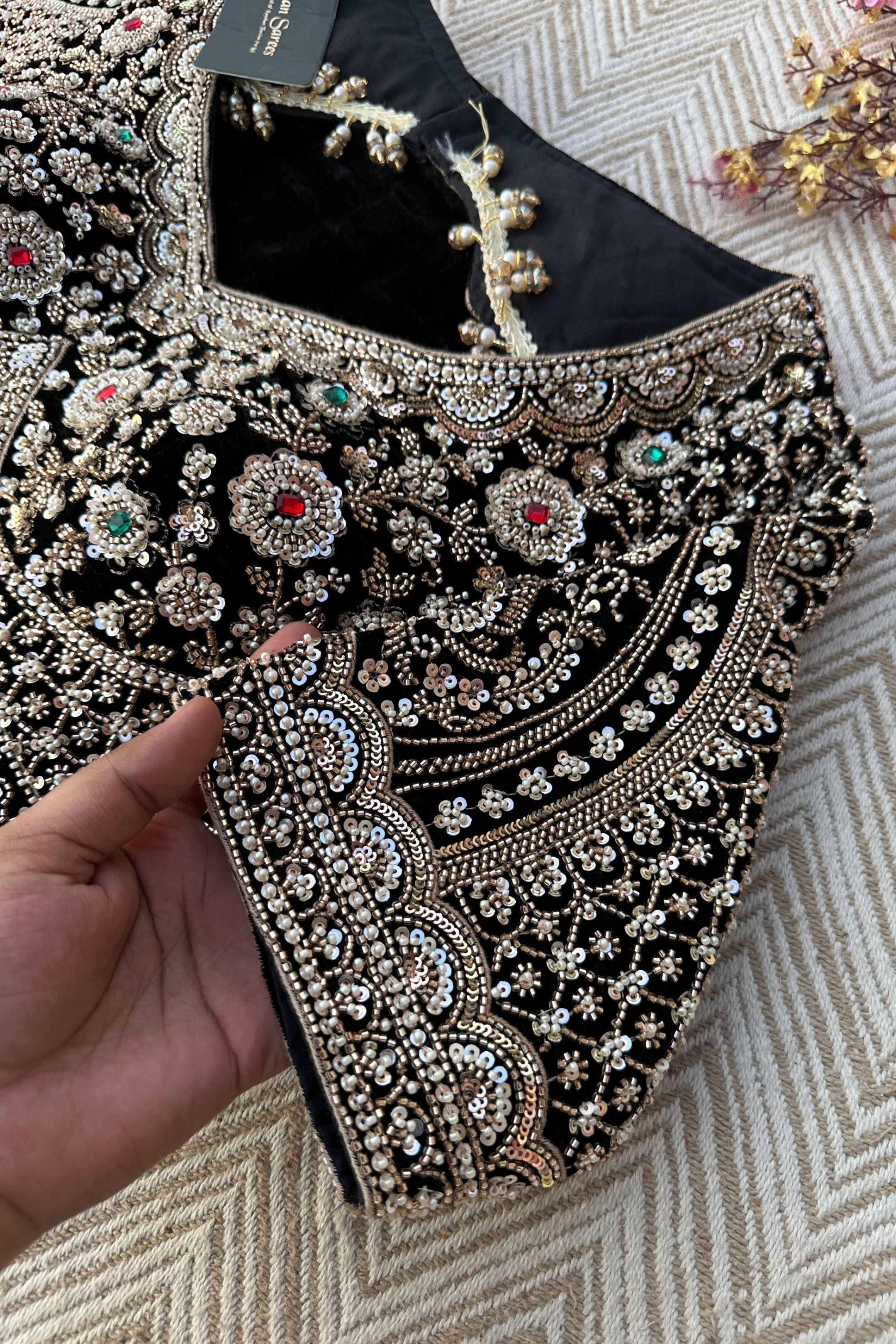 Black Velvet Saree Embellished With Cutdana, Sequins, Stone & Moti work
