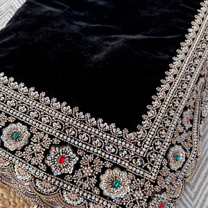 Black Velvet Saree Embellished With Cutdana, Sequins, Stone & Moti work