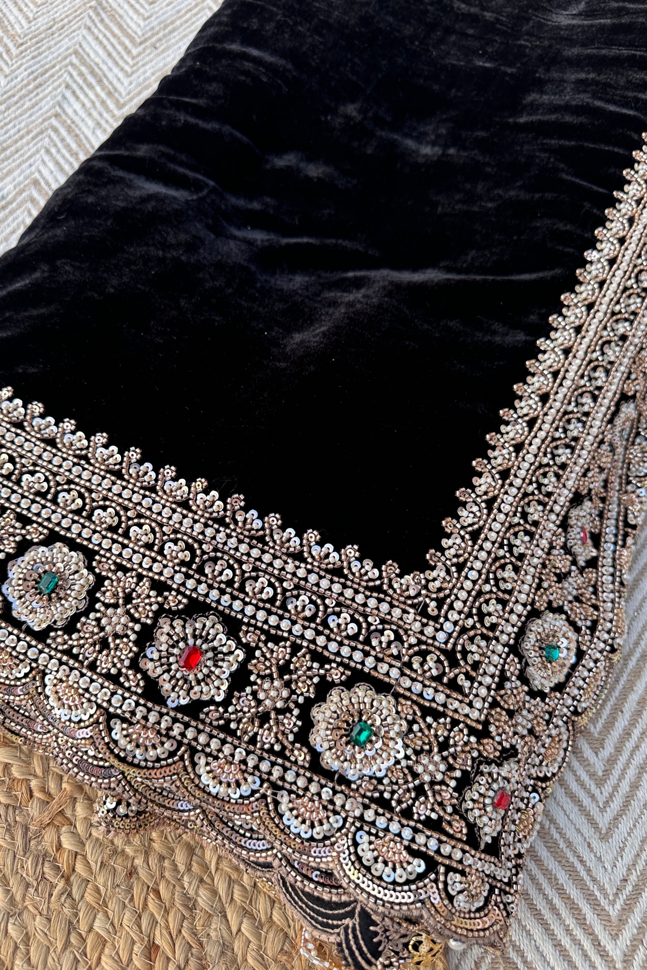 Black Velvet Saree Embellished With Cutdana, Sequins, Stone & Moti work