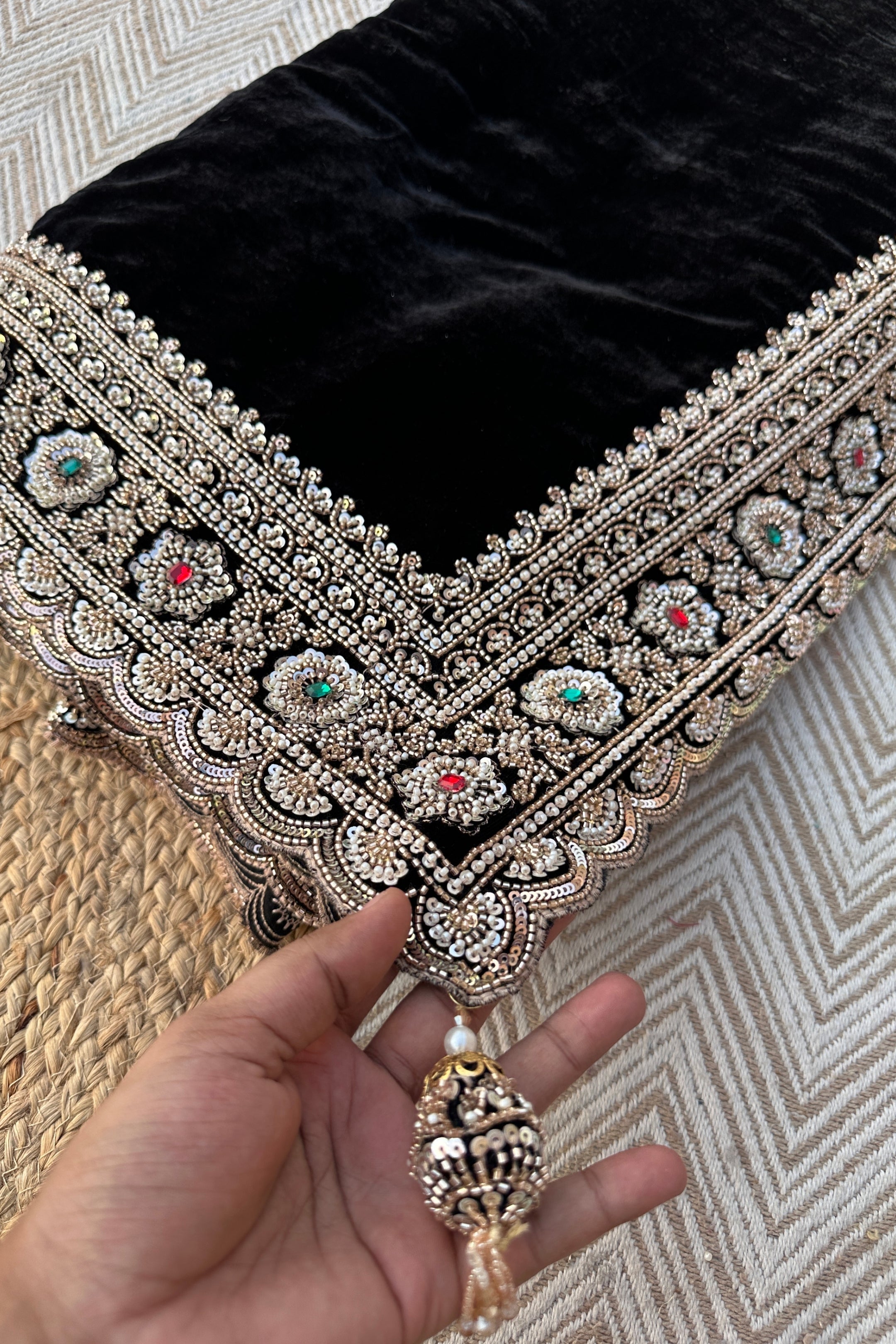 Black Velvet Saree Embellished With Cutdana, Sequins, Stone & Moti work