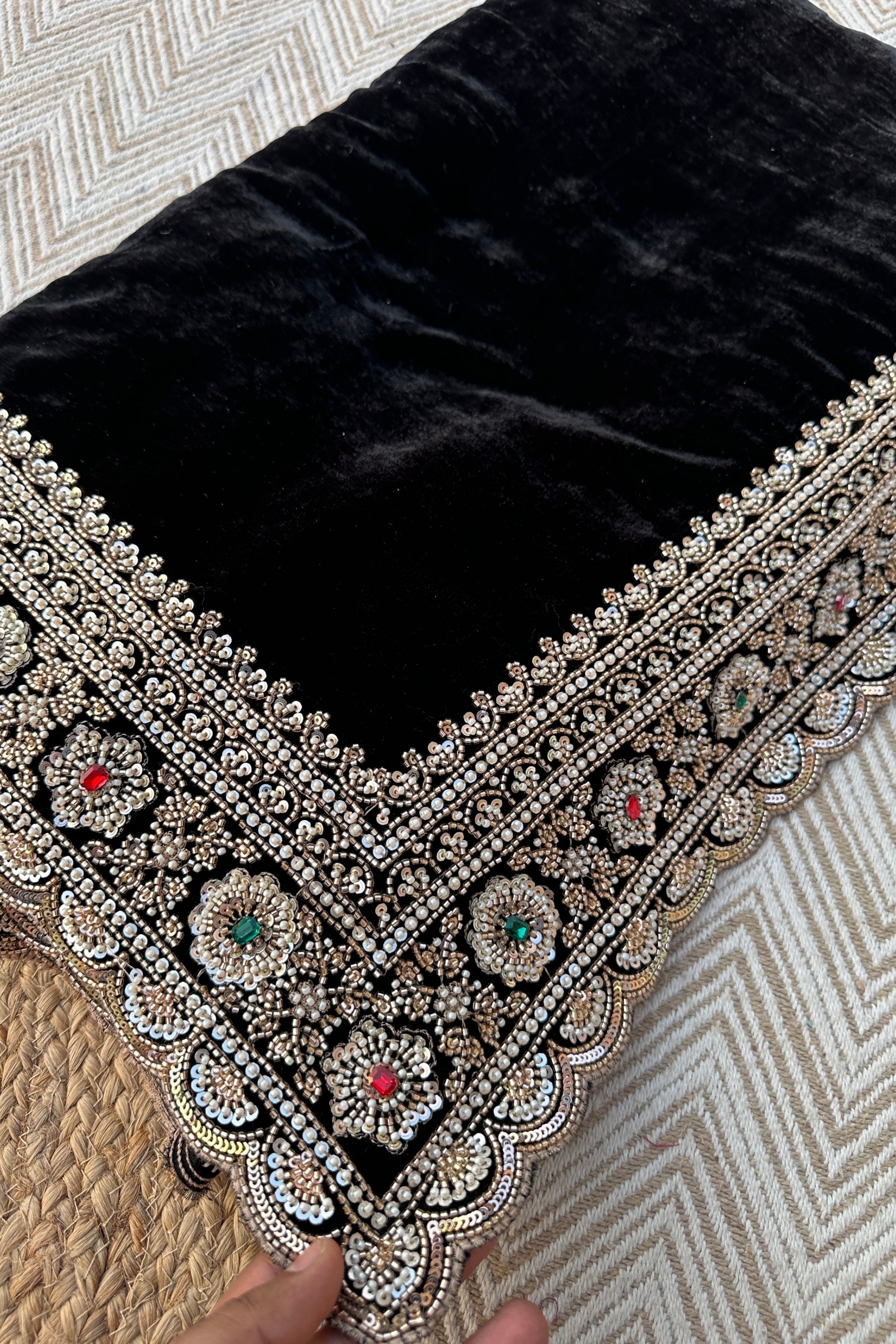 Black Velvet Saree Embellished With Cutdana, Sequins, Stone & Moti work