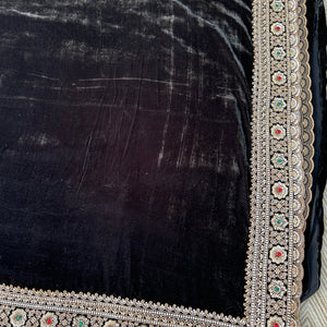 Black Velvet Saree Embellished With Cutdana, Sequins, Stone & Moti work