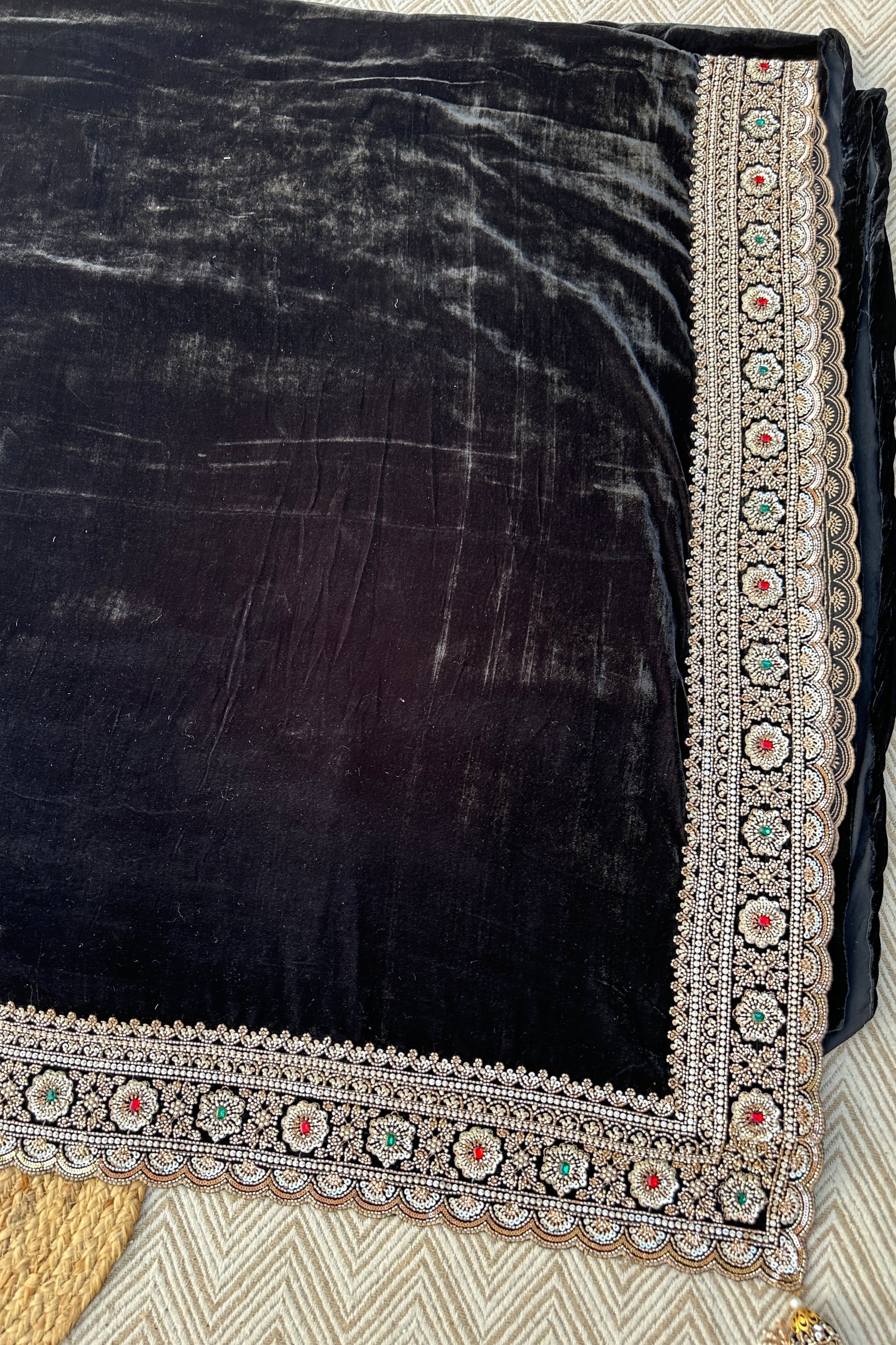 Black Velvet Saree Embellished With Cutdana, Sequins, Stone & Moti work