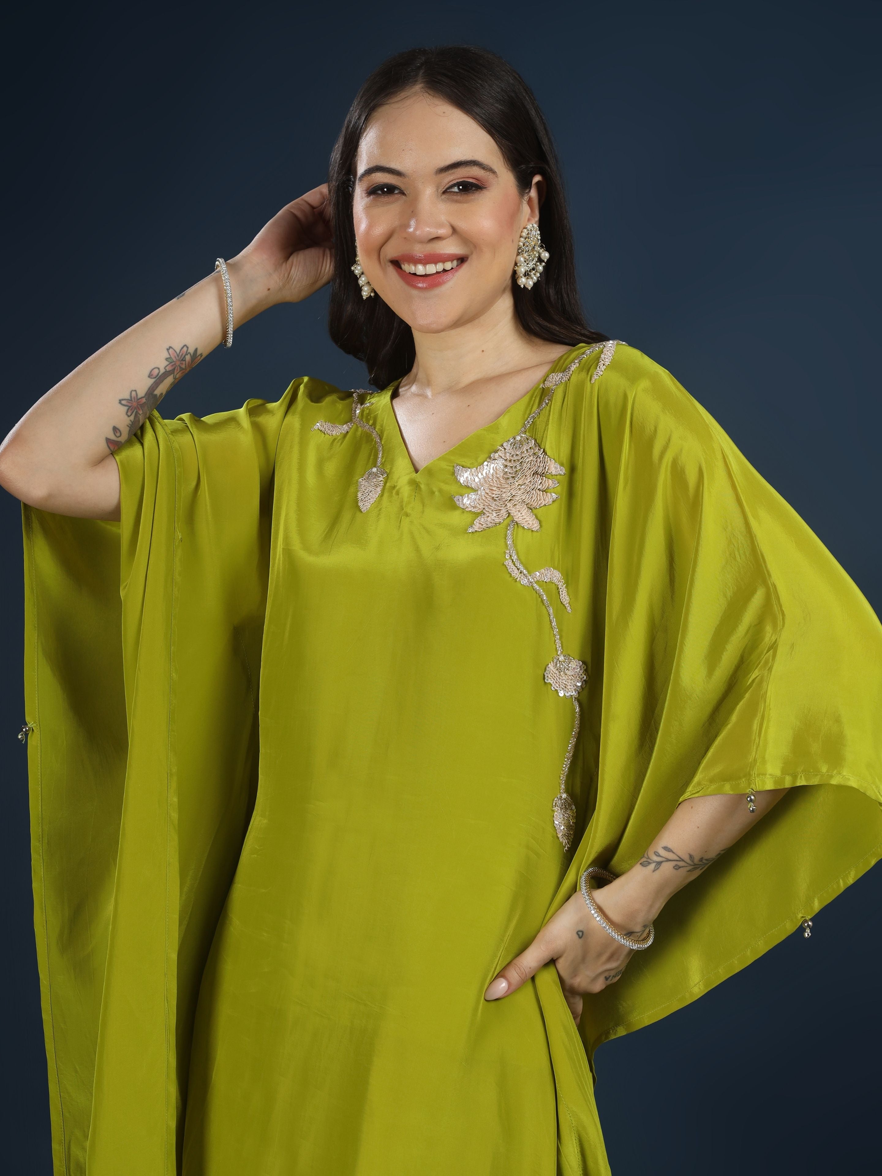 Green Crepe Indo Western with Cutdana, Sequins and Pearl Embroidery