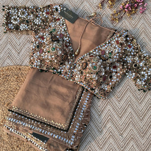 Beige Organza Saree & Net Blouse Embellished With Stone, Moti, Mirror & Kundan Work
