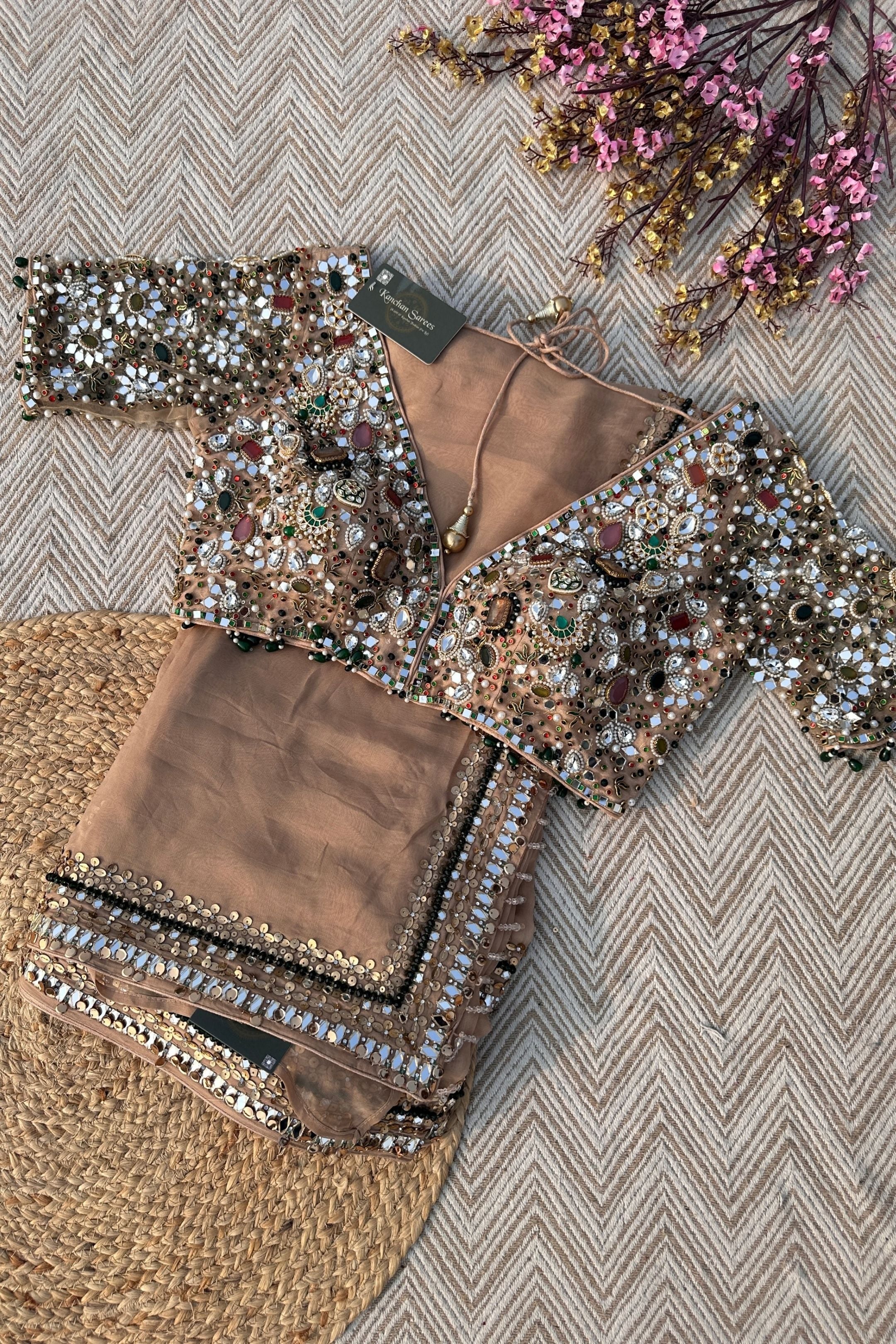 Beige Organza Saree & Net Blouse Embellished With Stone, Moti, Mirror & Kundan Work