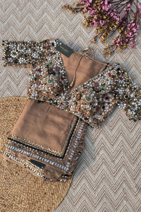 Beige Organza Saree & Net Blouse Embellished With Stone, Moti, Mirror & Kundan Work