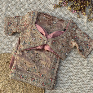 Pink Tissue Saree Embellished With Moti, Thread, Sequins & Cut Dana Work