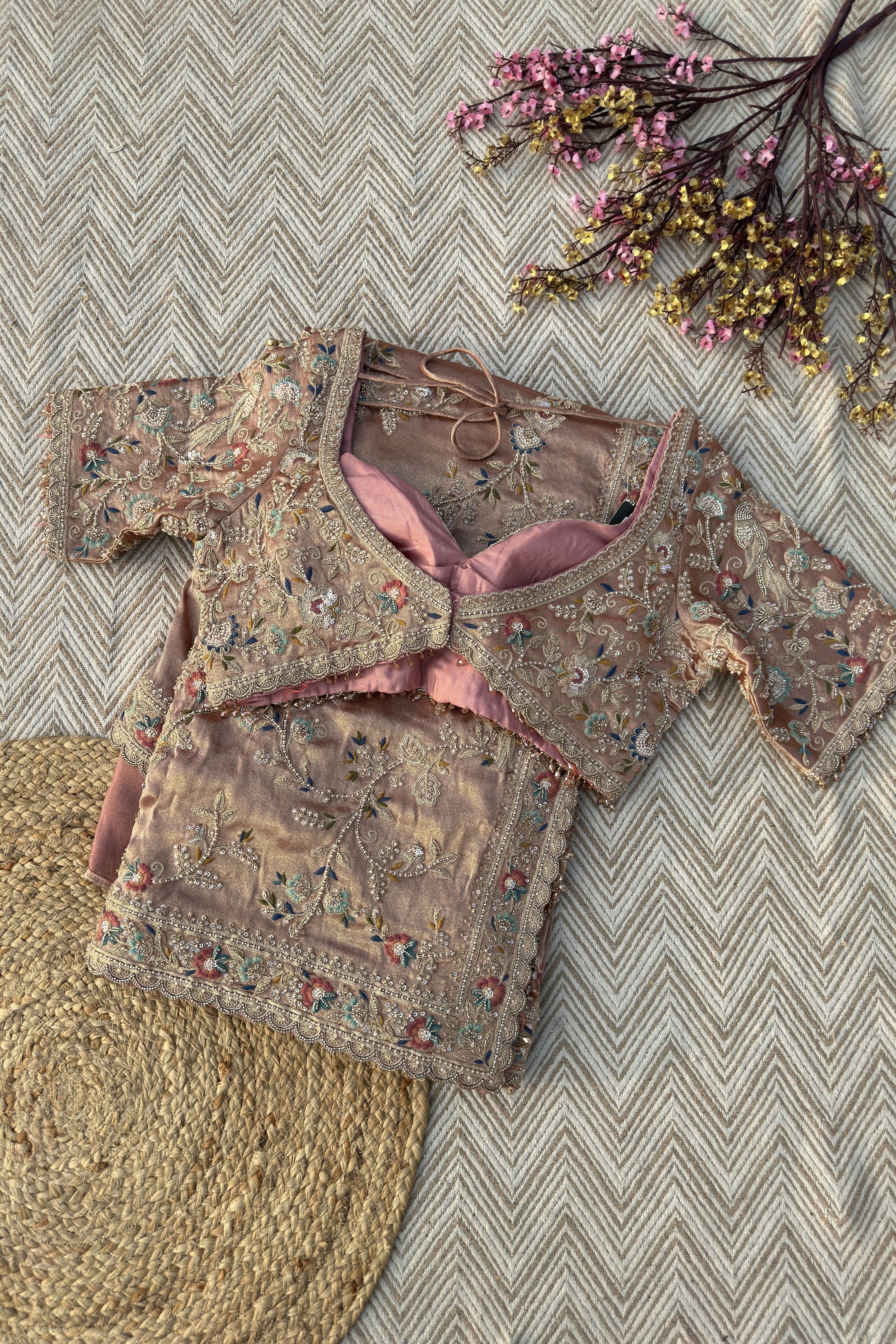 Pink Tissue Saree Embellished With Moti, Thread, Sequins & Cut Dana Work