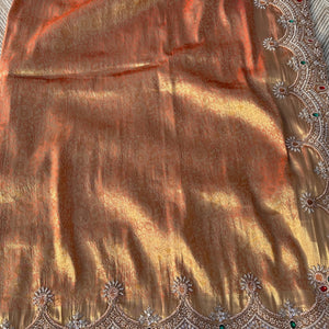 Rust Tissue Unstitched Saree Embellished With Moti, Sequins, Dabka & Cutdana